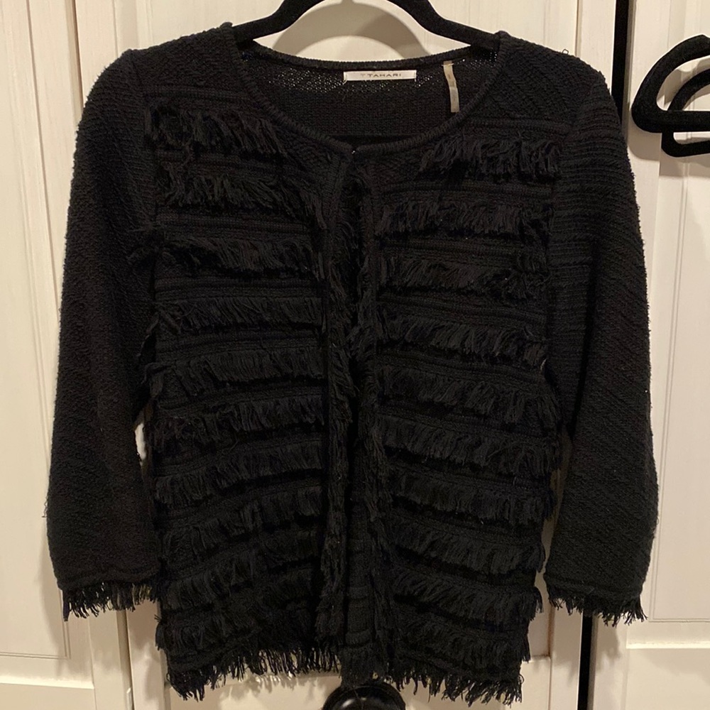 Tahari 3/4 sleeve fringe cardigan